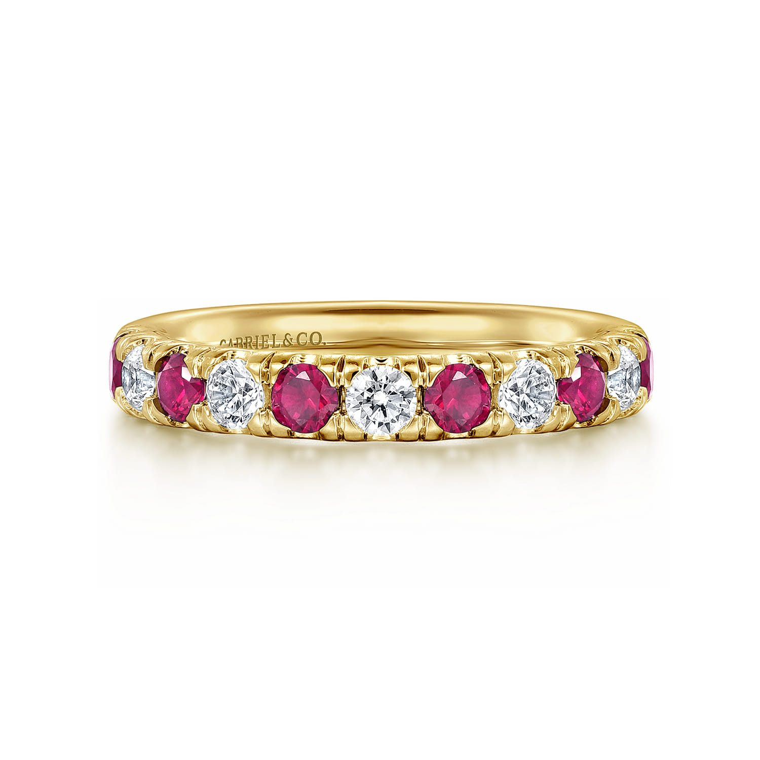 Straight Wedding Ring in 14k Yellow Gold with Round Ruby at Gabriel & Co. - Shot 1
