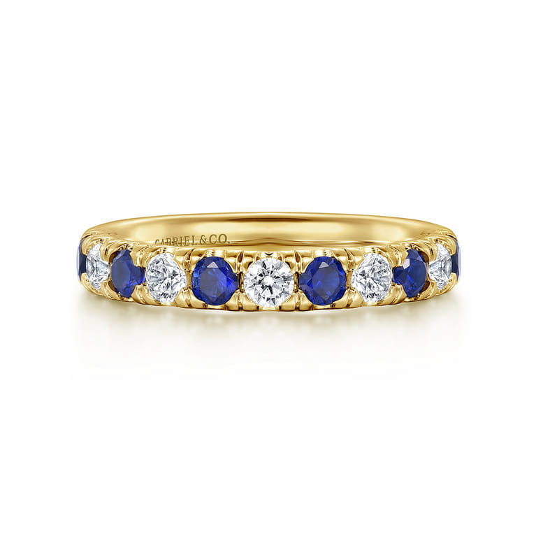 Straight Wedding Ring in 14k Yellow Gold with Round Sapphire at Gabriel & Co. - Shot 1