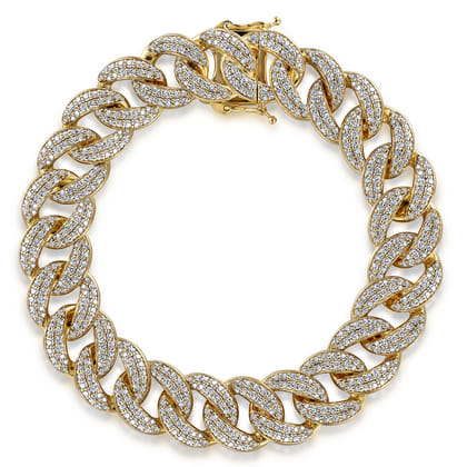 14K Yellow Gold 12mm Hollow Cuban Link Diamond Tennis Bracelet