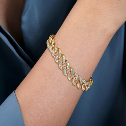 14K Yellow Gold 12mm Hollow Cuban Link Diamond Tennis Bracelet