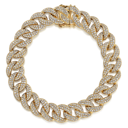 14K Yellow Gold 12mm Hollow Cuban Link Diamond Tennis Bracelet