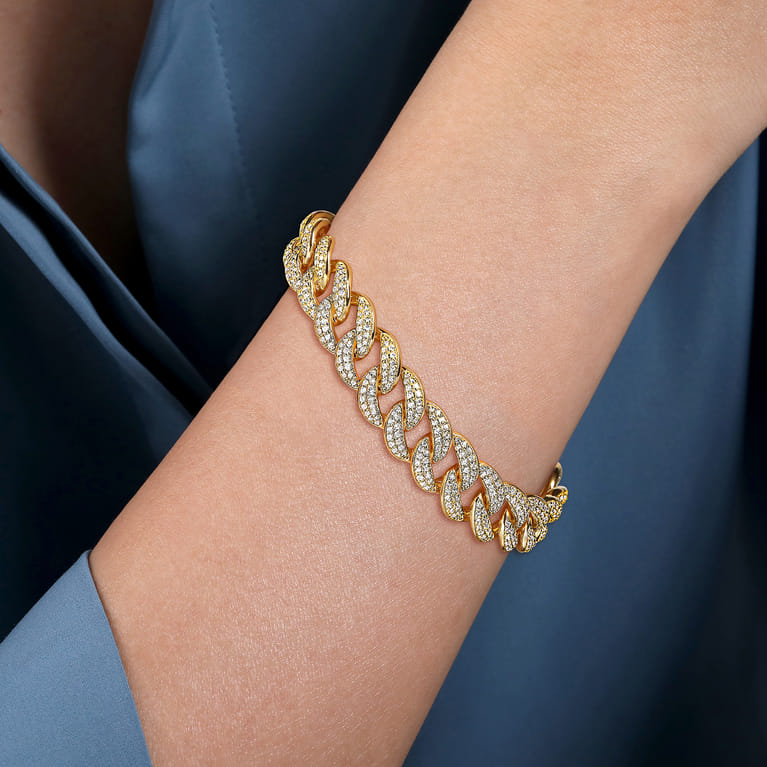 14K Yellow Gold 12mm Hollow Cuban Link Diamond Tennis Bracelet - 5.56 ct - Shot 3