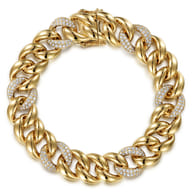 14K Yellow Gold 12mm Hollow Cuban Link Tennis Bracelet with Pave Diamond Stations