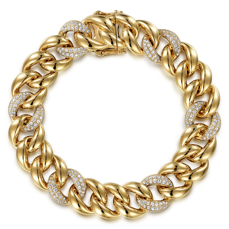 14K Yellow Gold 12mm Hollow Cuban Link Tennis Bracelet with Pave Diamond Stations - 1.3 ct - Shot 1