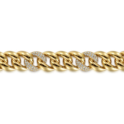 14K Yellow Gold 12mm Hollow Cuban Link Tennis Bracelet with Pave Diamond Stations