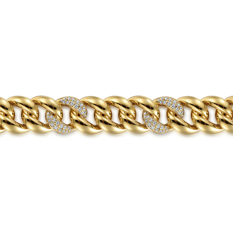 14K Yellow Gold 12mm Hollow Cuban Link Tennis Bracelet with Pave Diamond Stations - 1.3 ct - Shot 2