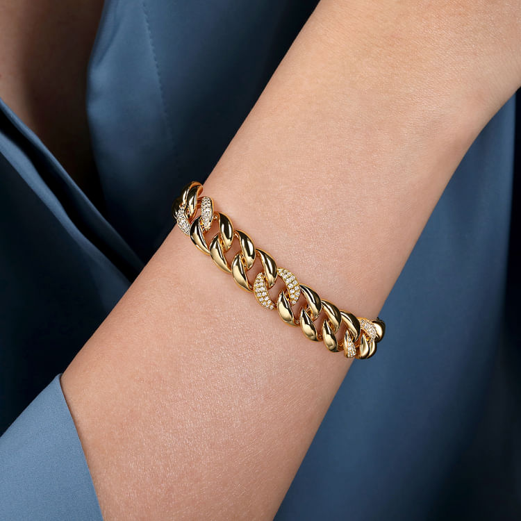 14K Yellow Gold 12mm Hollow Cuban Link Tennis Bracelet with Pave Diamond Stations