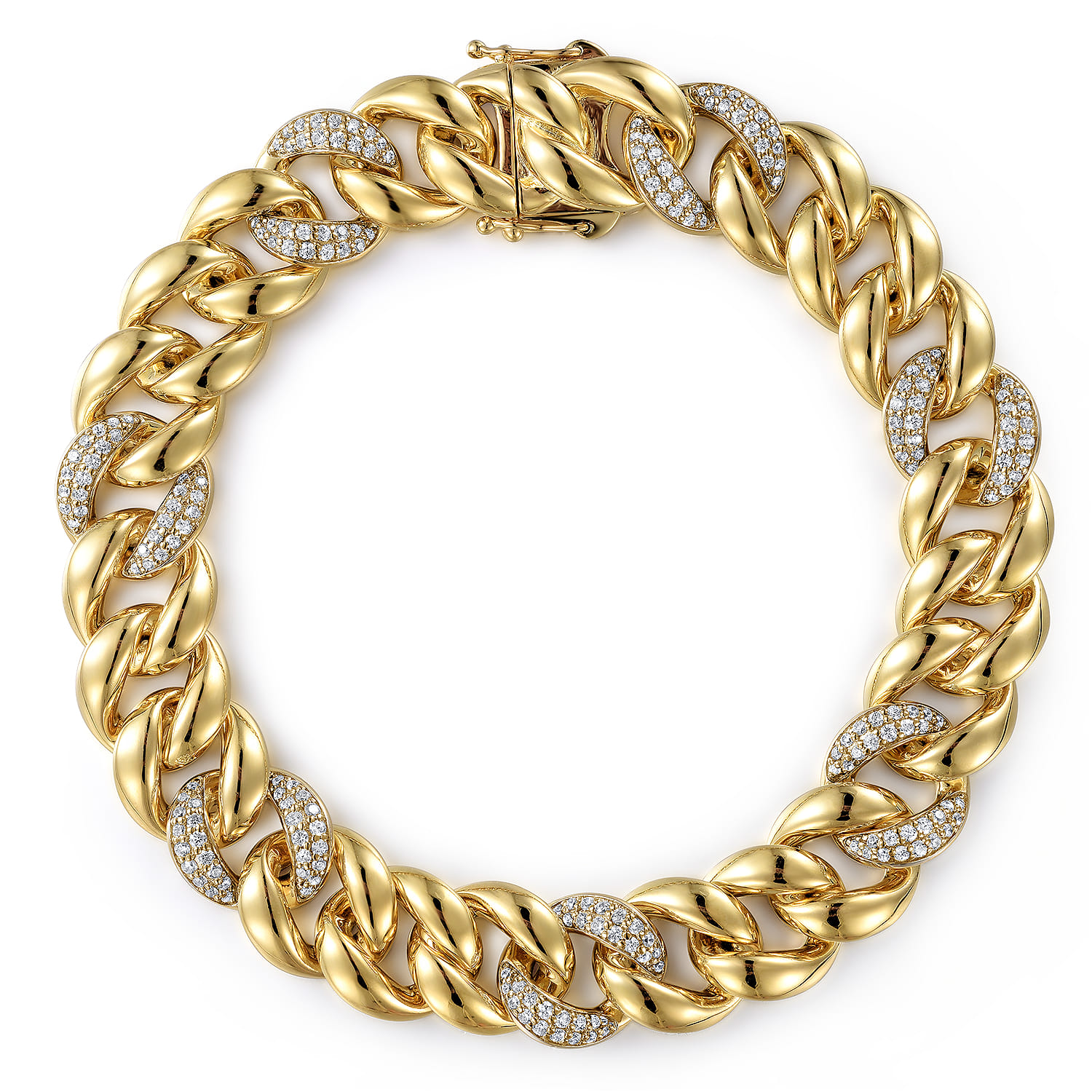 14K Yellow Gold 12mm Hollow Cuban Link Tennis Bracelet with Pave Diamond Stations - 1.5 ct - Shot 1