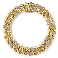 14K Yellow Gold 12mm Hollow Cuban Link Tennis Bracelet with Pave Diamond Stations