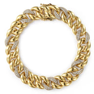 14K Yellow Gold 12mm Hollow Cuban Link Tennis Bracelet with Pave Diamond Stations