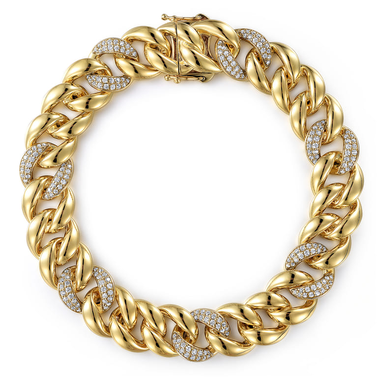 14K Yellow Gold 12mm Hollow Cuban Link Tennis Bracelet with Pave Diamond Stations - 1.5 ct - Shot 1