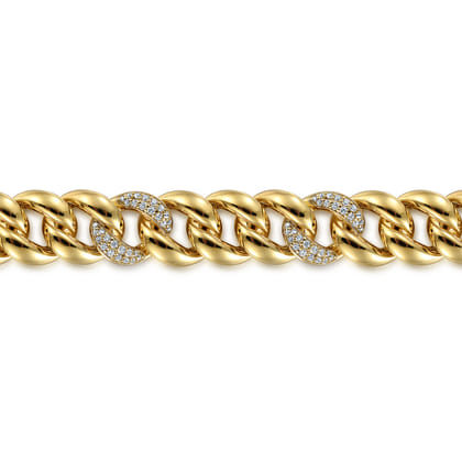 14K Yellow Gold 12mm Hollow Cuban Link Tennis Bracelet with Pave Diamond Stations