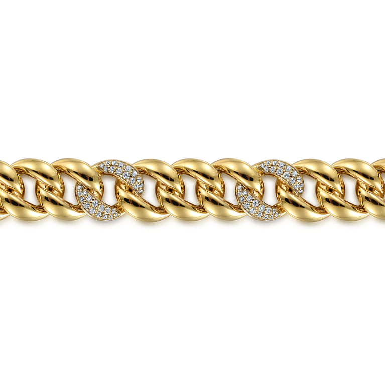 14K Yellow Gold 12mm Hollow Cuban Link Tennis Bracelet with Pave Diamond Stations - 1.5 ct - Shot 2