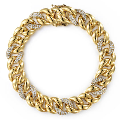 14K Yellow Gold 12mm Width Classic Diamond Men's Cuban Bracelet