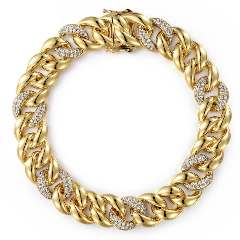14K Yellow Gold 12mm Width Classic Diamond Men's Cuban Bracelet - 1.5 ct - Shot 1