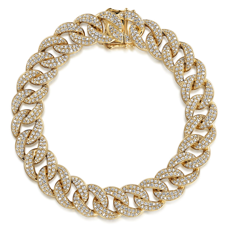 14K Yellow Gold 12mm Width Classic Diamond Men's Cuban Bracelet - 5.56 ct - Shot 1