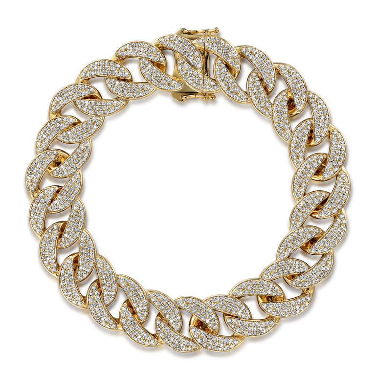 14K Yellow Gold 14mm Hollow Cuban Link Diamond Tennis Bracelet - 6.53 ct - Shot 1