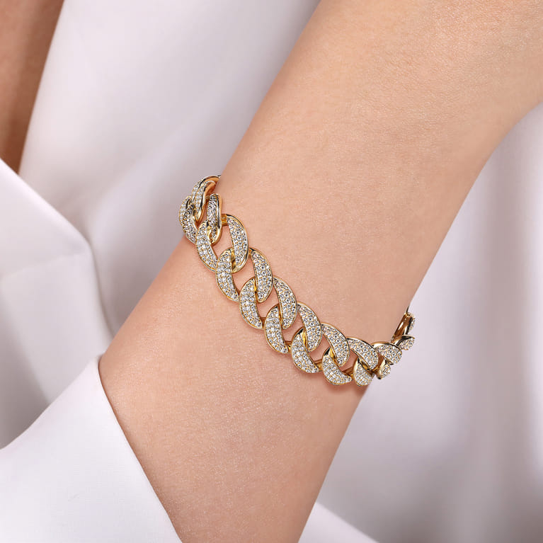 14K Yellow Gold 14mm Hollow Cuban Link Diamond Tennis Bracelet - 6.53 ct - Shot 3