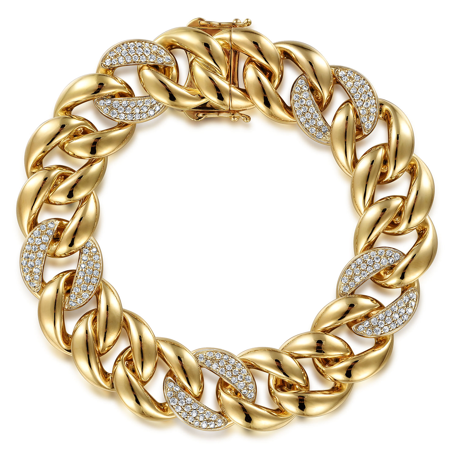 14K Yellow Gold 14mm Hollow Cuban Link Tennis Bracelet with Pave Diamond Stations