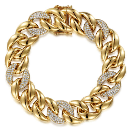 14K Yellow Gold 14mm Hollow Cuban Link Tennis Bracelet with Pave Diamond Stations