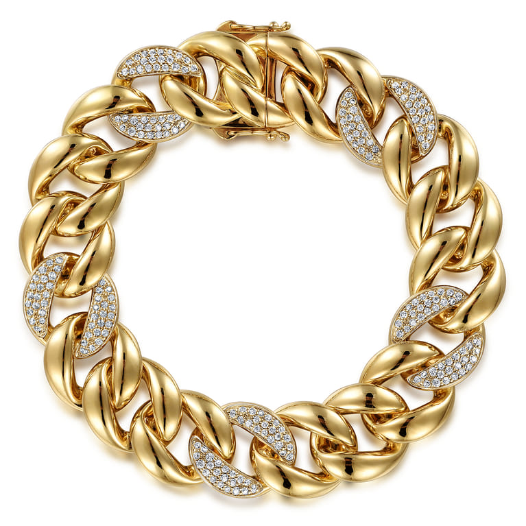14K Yellow Gold 14mm Hollow Cuban Link Tennis Bracelet with Pave Diamond Stations - 1.5 ct - Shot 1