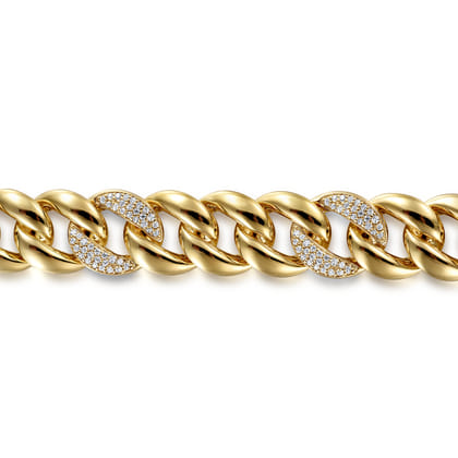 14K Yellow Gold 14mm Hollow Cuban Link Tennis Bracelet with Pave Diamond Stations