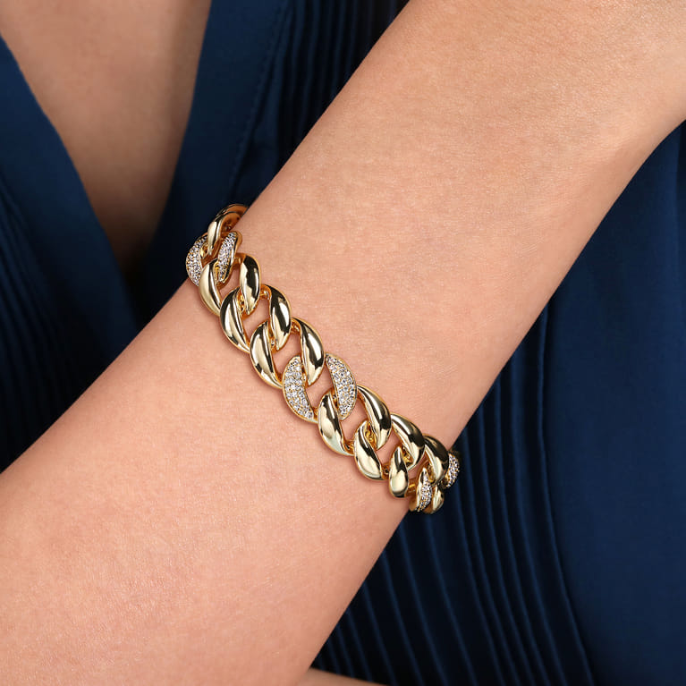 14K Yellow Gold 14mm Hollow Cuban Link Tennis Bracelet with Pave Diamond Stations - 1.5 ct - Shot 3