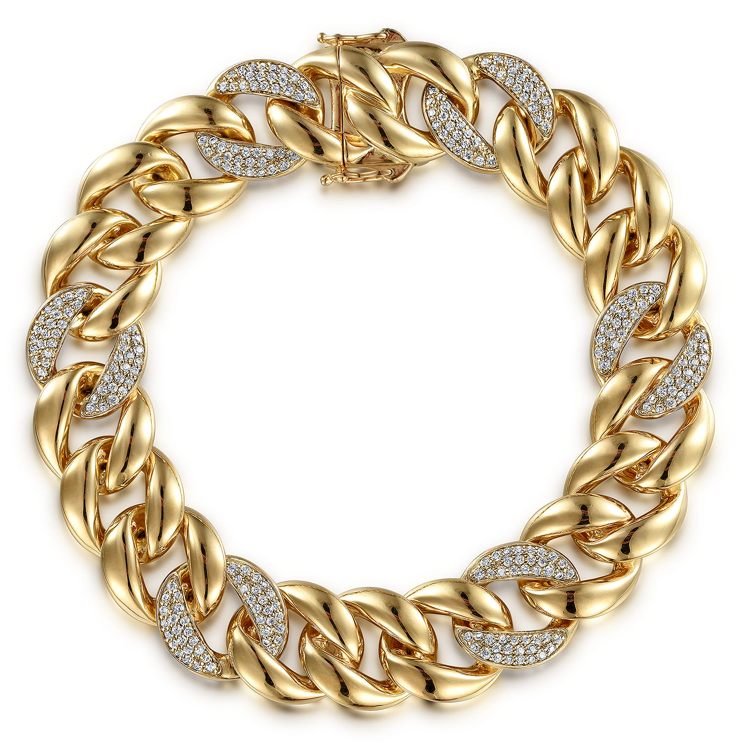 14K Yellow Gold 14mm Hollow Cuban Link Tennis Bracelet with Pave Diamond Stations - 1.8 ct - Shot 1