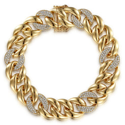 14K Yellow Gold 14mm Hollow Cuban Link Tennis Bracelet with Pave Diamond Stations