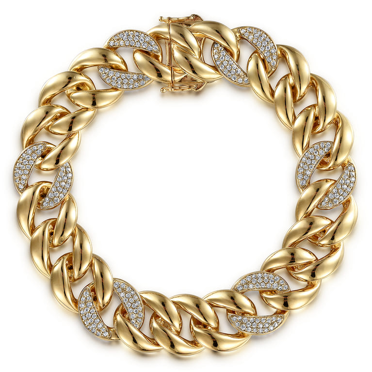 14K Yellow Gold 14mm Hollow Cuban Link Tennis Bracelet with Pave Diamond Stations - 1.8 ct - Shot 1