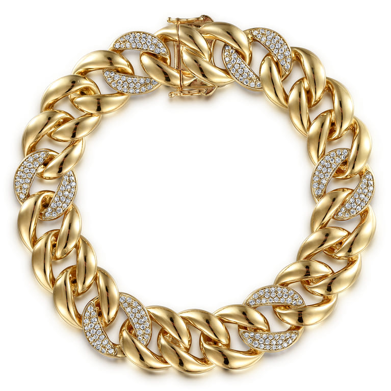 14K Yellow Gold 14mm Width Classic Diamond Men's Cuban Bracelet - 1.8 ct - Shot 1