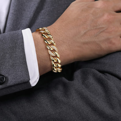 14K Yellow Gold 14mm Width Classic Diamond Men's Cuban Bracelet