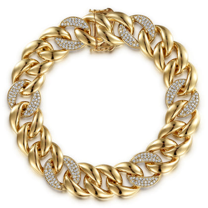 14K Yellow Gold 14mm Width Classic Diamond Men's Mix Cuban Bracelet