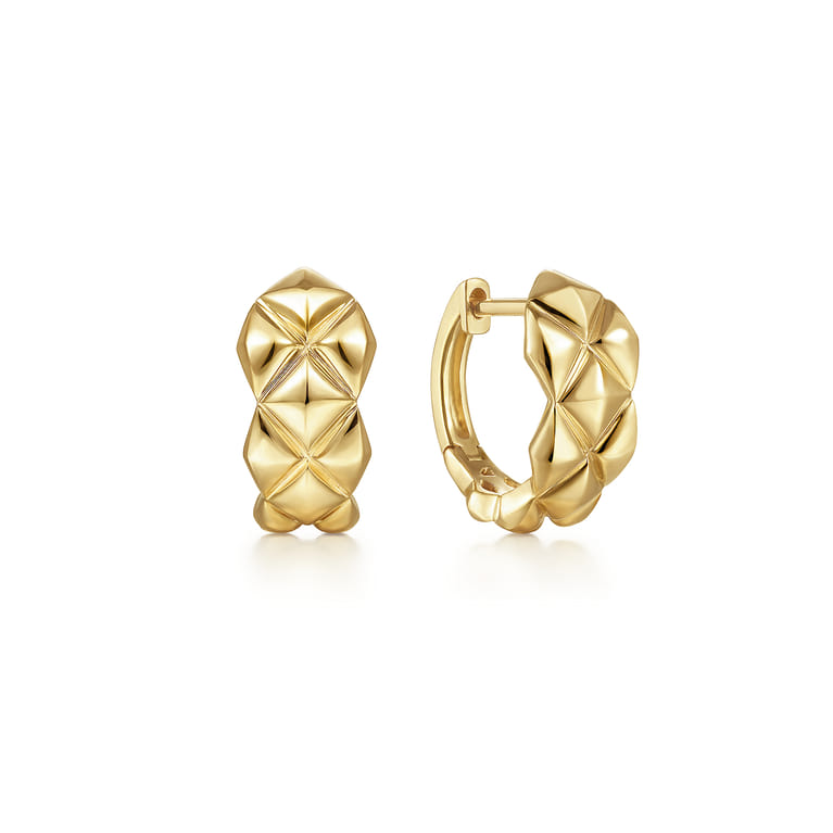 14K Yellow Gold 15 mm Quilted Motiff Huggie Earrings - Shot 1