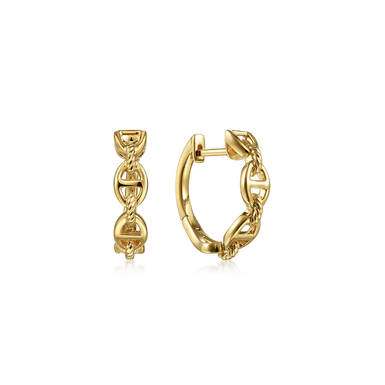 14K Yellow Gold 15mm Chain Pattern Huggie Earrings - Shot 1