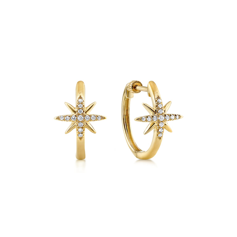 14K Yellow Gold 15mm Diamond and Star Huggies - 0.16 ct - Shot 1