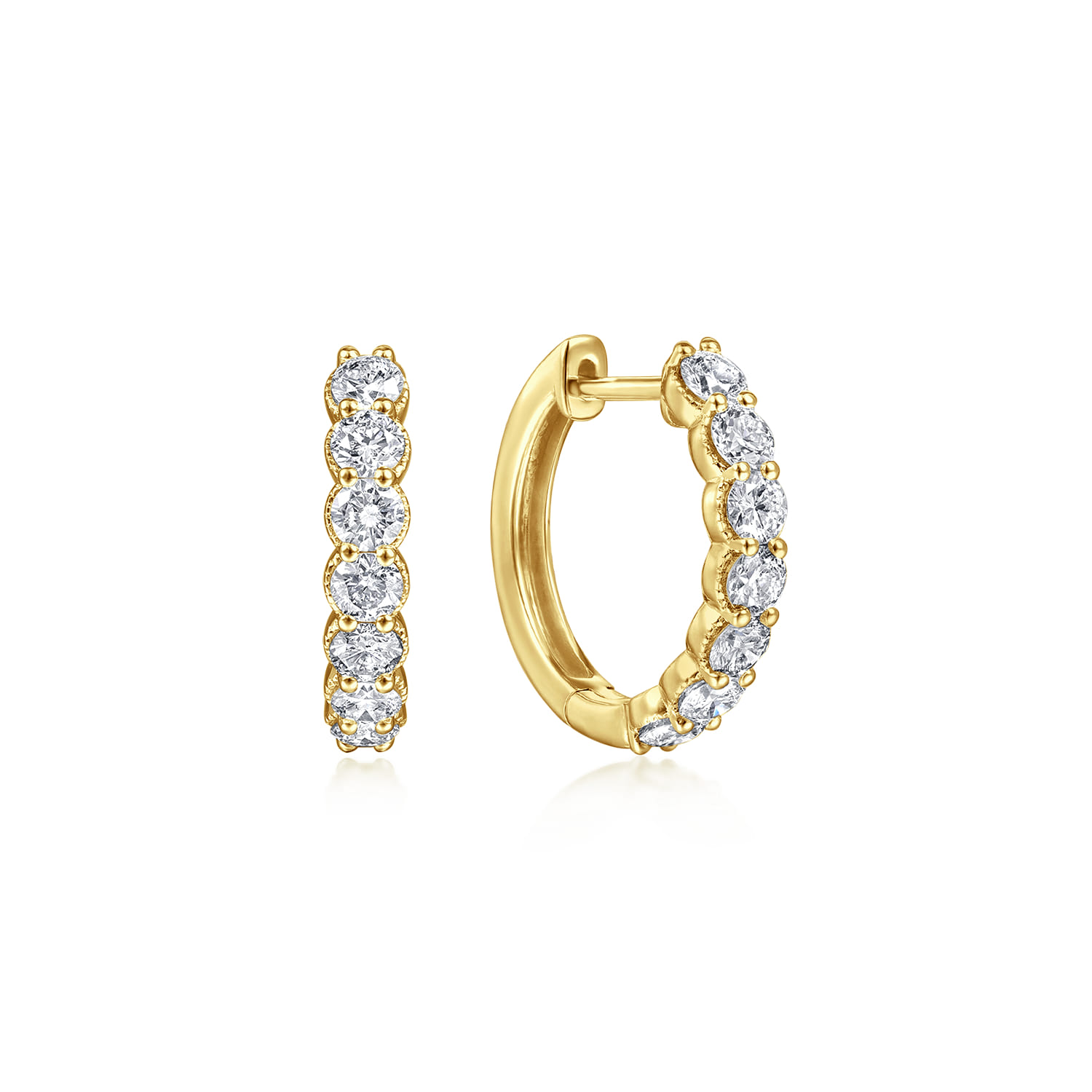14K Yellow Gold 15mm Share Prong Set Diamond Huggie Earrings - 1.01 ct - Shot 1