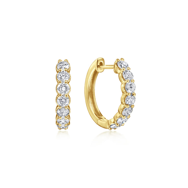 14K Yellow Gold 15mm Share Prong Set Diamond Huggie Earrings - 1.01 ct - Shot 1
