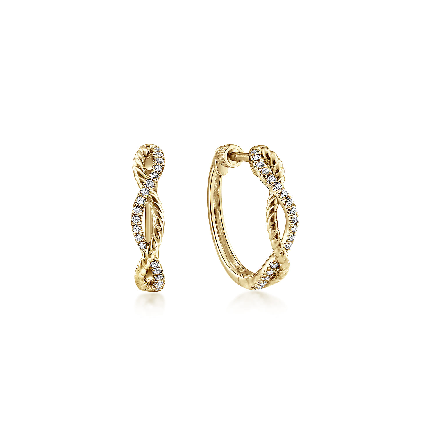14K Yellow Gold 15mm Twisted Rope and Diamond Huggies - 0.11 ct - Shot 1
