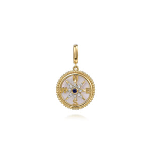 14K Yellow Gold 18mm Bujukan Diamond Compass  Mother of Pearl Medallion Pendant With Detachable Bail
