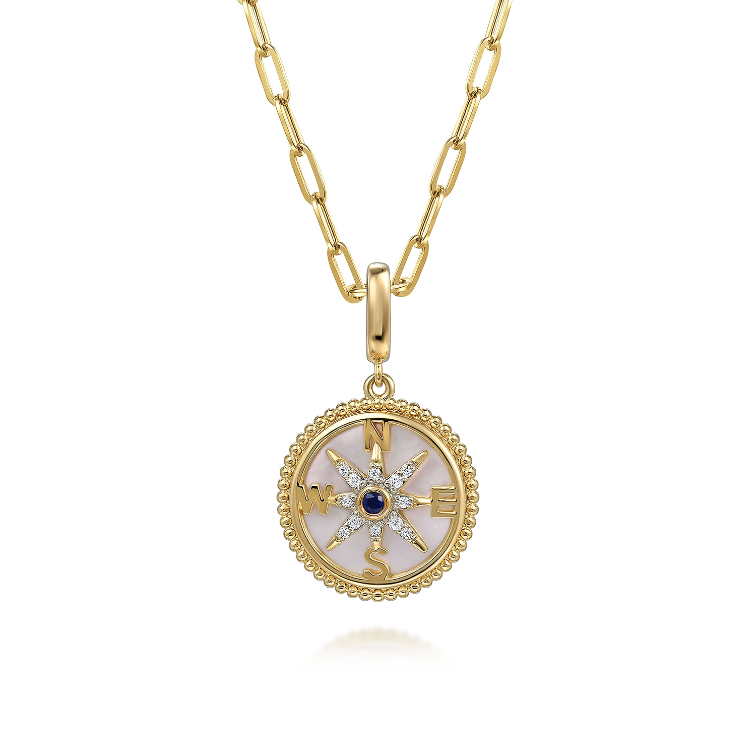 14K Yellow Gold 18mm Bujukan Diamond Compass  Mother of Pearl Medallion Pendant With Detachable Bail - 0.07 ct - Shot 3