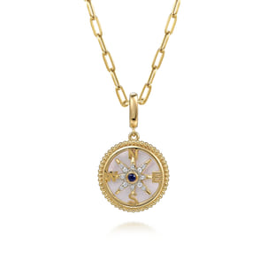 14K Yellow Gold 18mm Bujukan Diamond Compass  Mother of Pearl Medallion Pendant With Detachable Bail