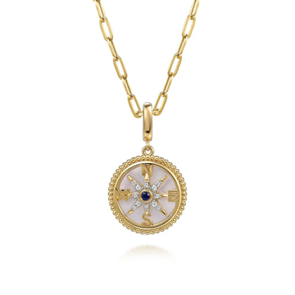 14K Yellow Gold 18mm Bujukan Diamond Compass  Mother of Pearl Medallion Pendant With Detachable Bail