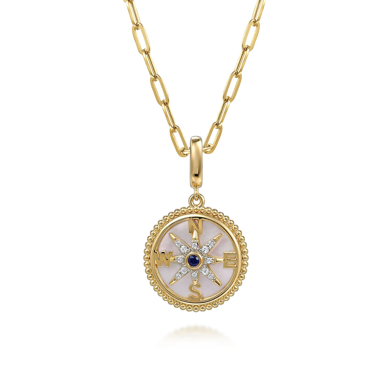 14K Yellow Gold 18mm Bujukan Diamond Compass  Mother of Pearl Medallion Pendant With Detachable Bail - 0.07 ct - Shot 3