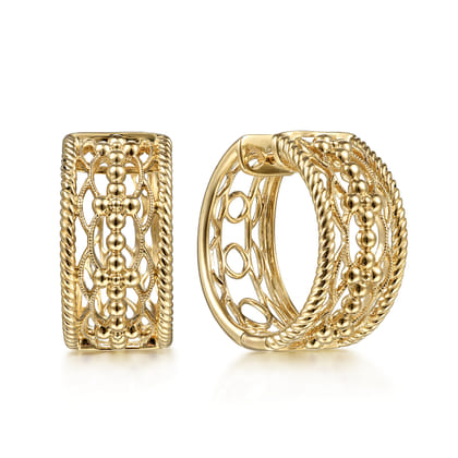 14K Yellow Gold 20 mm Wide Open Pattern Huggie Earrings