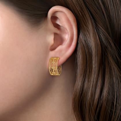 14K Yellow Gold 20 mm Wide Open Pattern Huggie Earrings