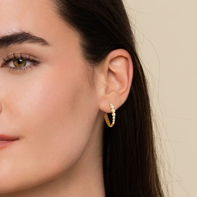 14K Yellow Gold 20mm Buttercup Set Diamond Classic Oval Hoop Earrings - 0.5 ct - Shot 2