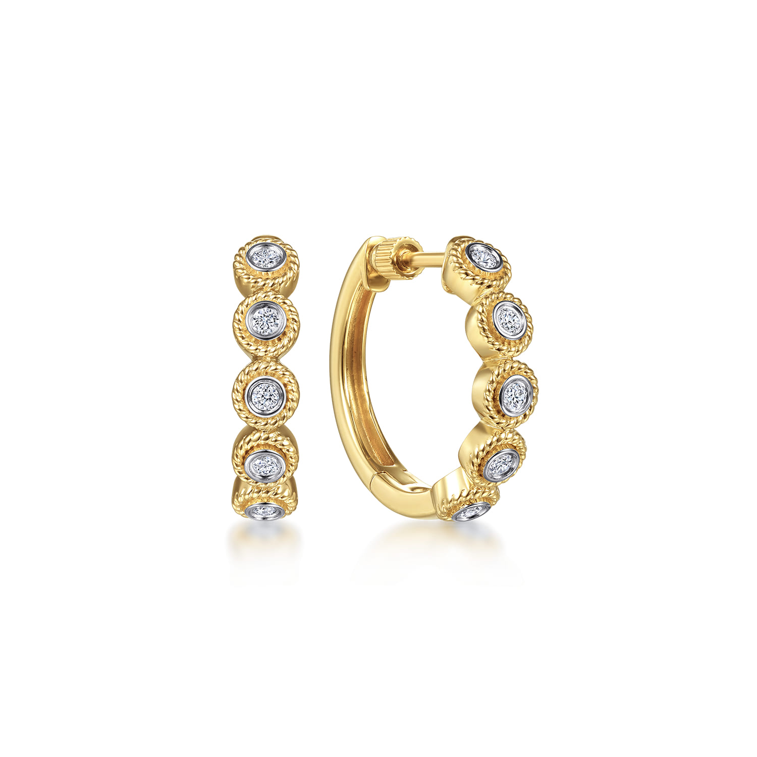 14K Yellow Gold 20mm Round Diamond Station Classic Hoop Earrings - 0.22 ct - Shot 1
