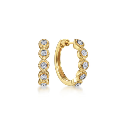 14K Yellow Gold 20mm Round Diamond Station Classic Hoop Earrings