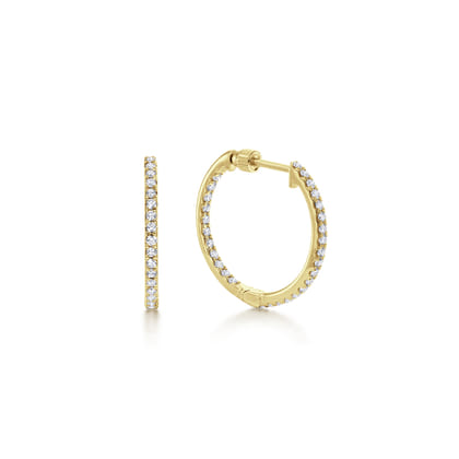 14K Yellow Gold 20mm Round Inside Out Diamond Hoop Earrings